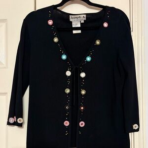 Joseph A Black V-Neck Cardigan Sweater with Colorful Embellishments